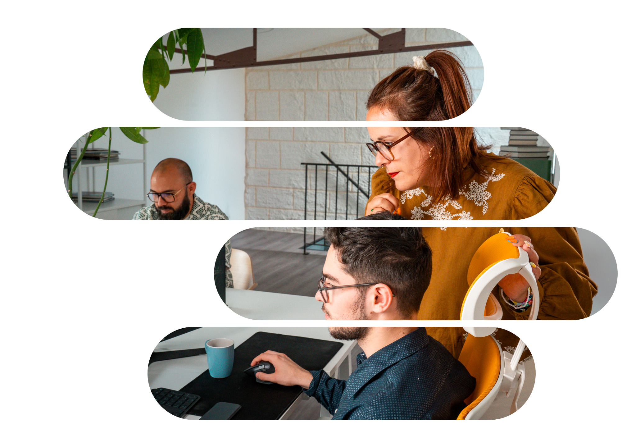 Photo des 3 membres de l'équipe de l'agence web Qwery devant leur ordinateur