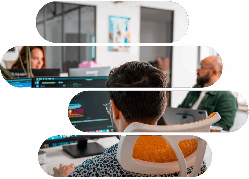 Photo des 3 membres de l'équipe de l'agence web Qwery devant leur ordinateur