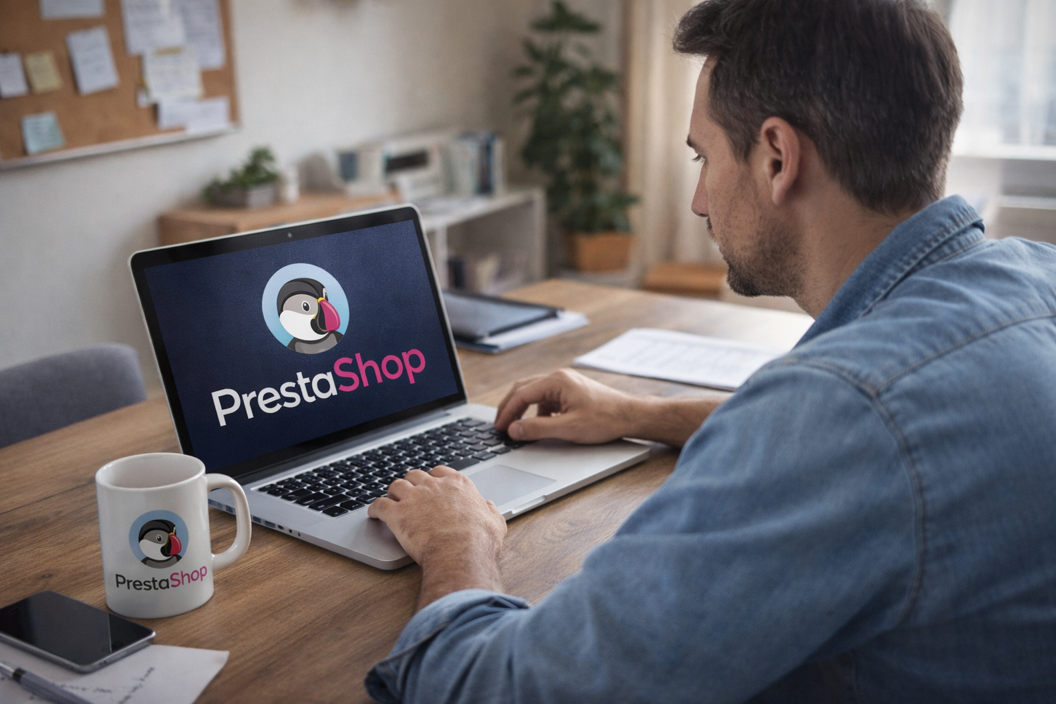 E-commercant devant son ordinateur avec Prestashop